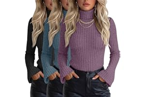 Velvelhall 3 Pack Women's Turtleneck Sweaters Slim Fit Ribbed Knitted Bell Long Sleeve Pullover Shirt Basic Tops Fall Winter