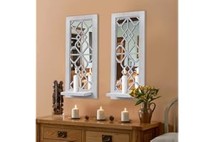 ZEXUIRU Wood Wall Sconce Candle Holder Set 2, Rustic Wall-Mount Candle Holders, Farmhouse Hanging Wall Décor, Carved Wood Frame, Mirrored Candle Holder (Distressed White)
