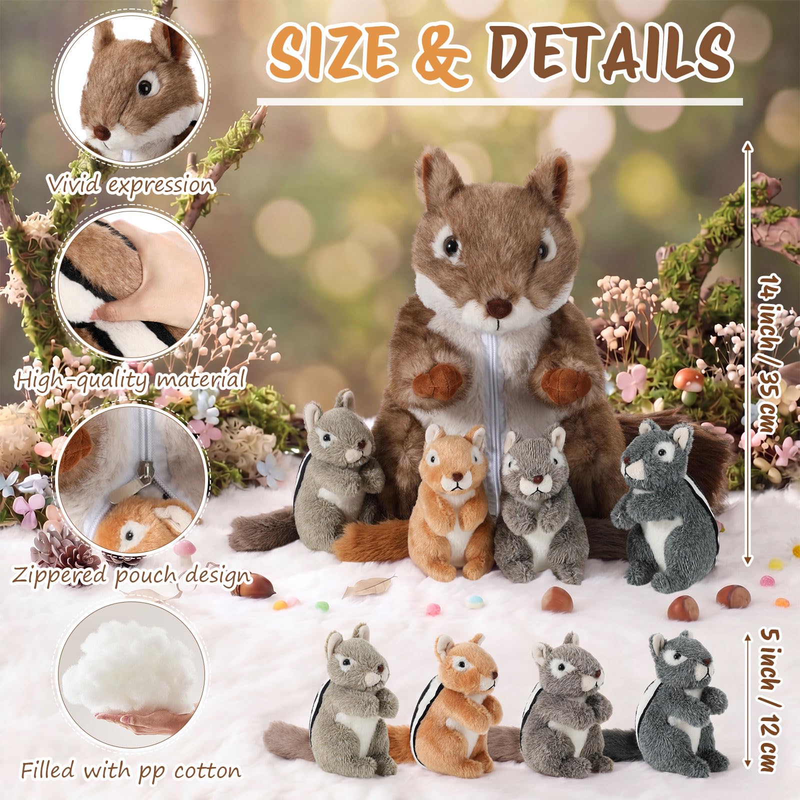 Condition photo showing New/Like New for poen 5 pcs chipmunk stuffed animals set, 14" mommy chipmunk plush with 4 babies in tummy, realistic