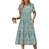 Zeagoo Women Summer Short Sleeve Midi Dress with Pockets Casual Aline Flowy Tshirt Dress Floral Vocation Beach Sundress