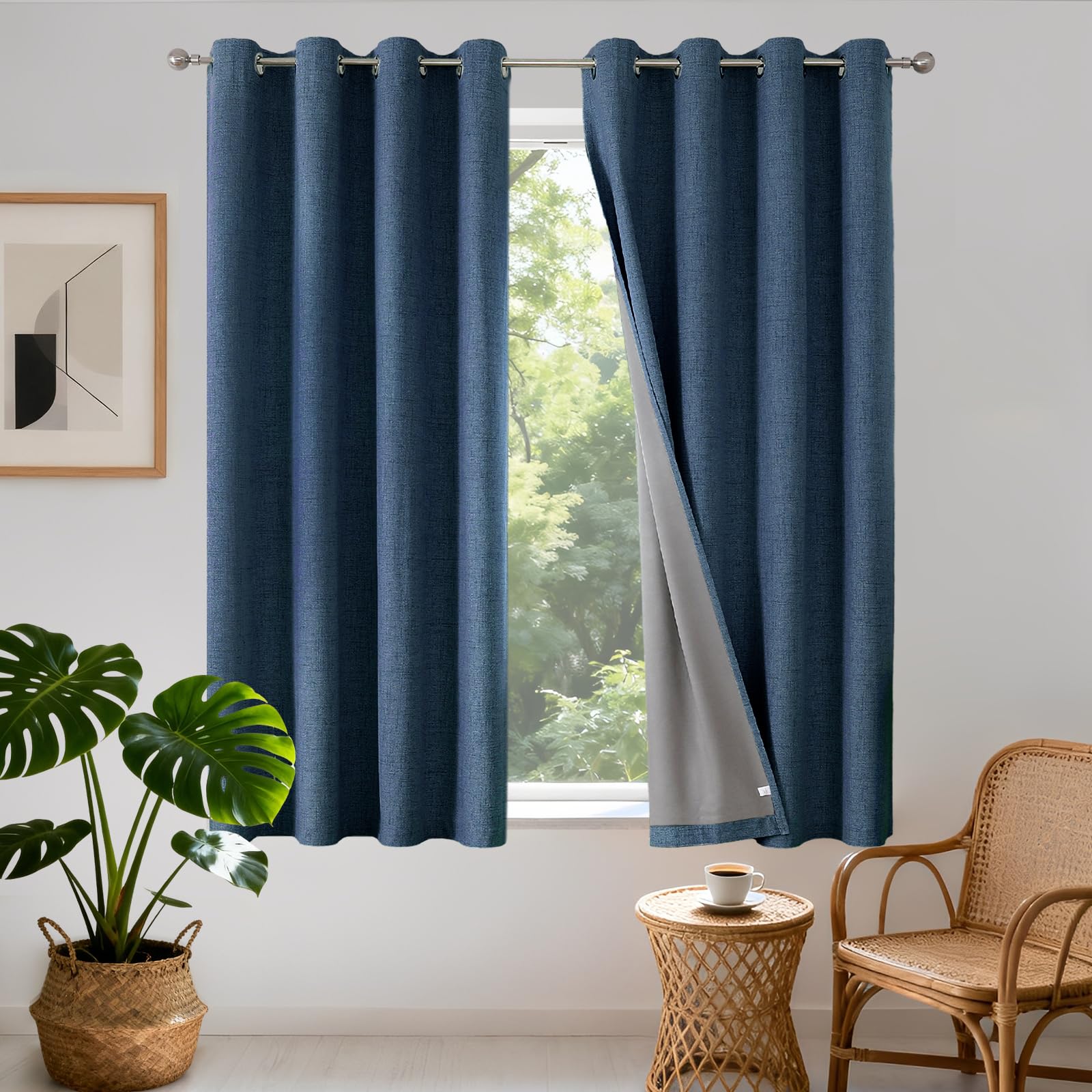 Joydeco 100% Blackout Lined Curtains W46 x L54 Inch Drop, Linen Look Textured Thermal Insulated Eyelet Short Curtains with Coating Back Layer for Living Room Bedroom, Navy Blue - 2 Panels