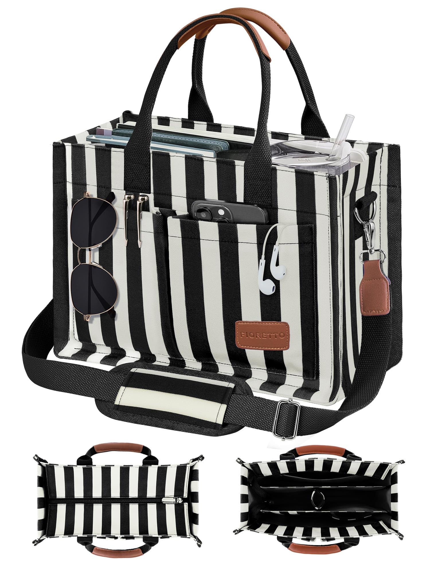 FIORETTO Canvas Tote Bag for Women with Zipper Closure & Individual Compartments for Work College for Teacher & Nurse Stripes Black L Image
