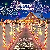 Solar Lights Outdoor Christmas Decorations: 24 Pack 144 LEDs 10 Modes Candy Cane Solar Powered Christmas Lights - 2025 Upgrade Waterproof Outside Holiday Decor for Yard Pathway Garden Porch Lawn