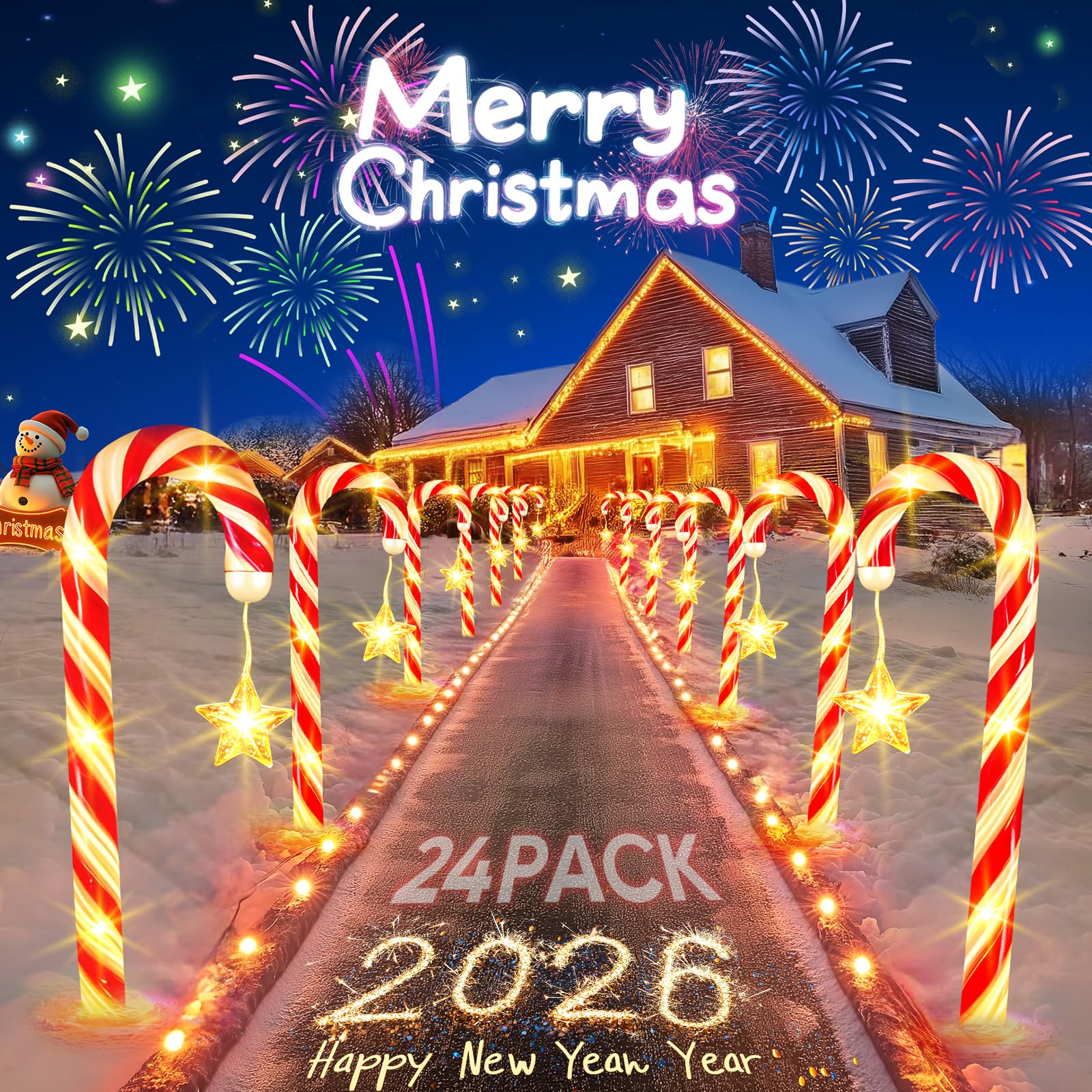 Solar Lights Outdoor Christmas Decorations: 24 Pack 144 LEDs 10 Modes Candy Cane Solar Powered Christmas Lights - 2025 Upgrade Waterproof Outside Holiday Decor for Yard Pathway Garden Porch Lawn