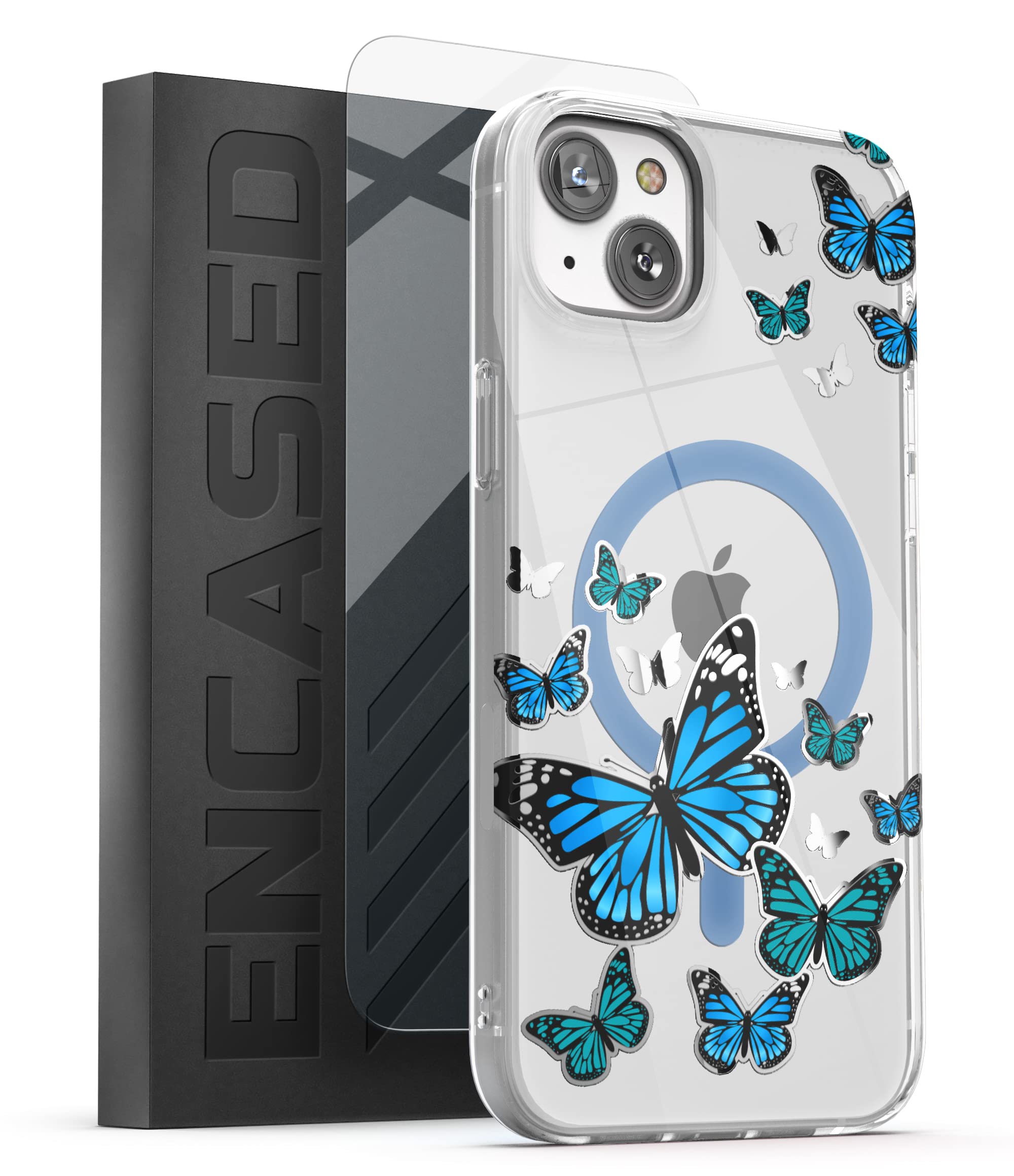 ENCASED Magnetic Case Designed for iPhone 14 with Screen Protector - Compatible with MagSafe Phone Accessories (Blue Butterfly)