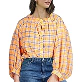 Fyralis Women's 3/4 Length Sleeve Button Down Blouse, One Size, Plaid Design, Casual Summer Top, Relaxed fit