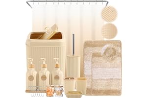 XLHOMO 32PCS Beige Bathroom Accessory Set with Shower Curtain, Rugs, Lotion Soap Dispenser, Toilet Brush & Holder, Trash Can,