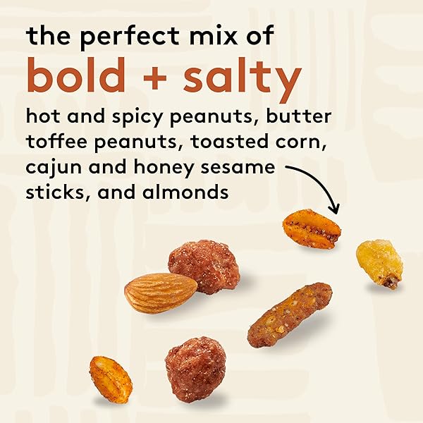 SNAK CLUB CAJUN STYLE SNACK MIX WITH HOT AND SPICY PEANUTS, BUTTER TOFFEE PEANUTS, TOASTED CORN, CAJUN AND HONEY SESAME STICKS, AND ALMONDS, KOSHER TRAIL MIX SNACKS, 15 OZ RESEALABLE BAG