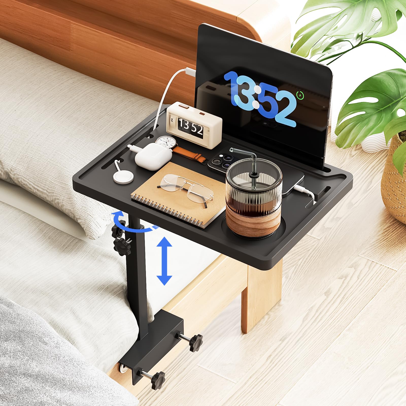 Photo 1 of NiHome Bedside Shelf with Rotating Foldable Tray, Height-Adjustable Clip On Bed Side Tray Table, Overbed Table Fits Bed Frames 0.7"-2.7" Wide for Dorms, Apartments, Bedrooms, Dorm Essentials (Black)