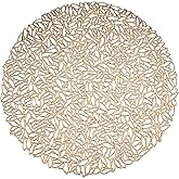 Gold Placemats Set of 6 for Dining Table, Pressed Vinyl 15 inch Round Place Mats Non-Slip Washable Dining Table Mats for for 