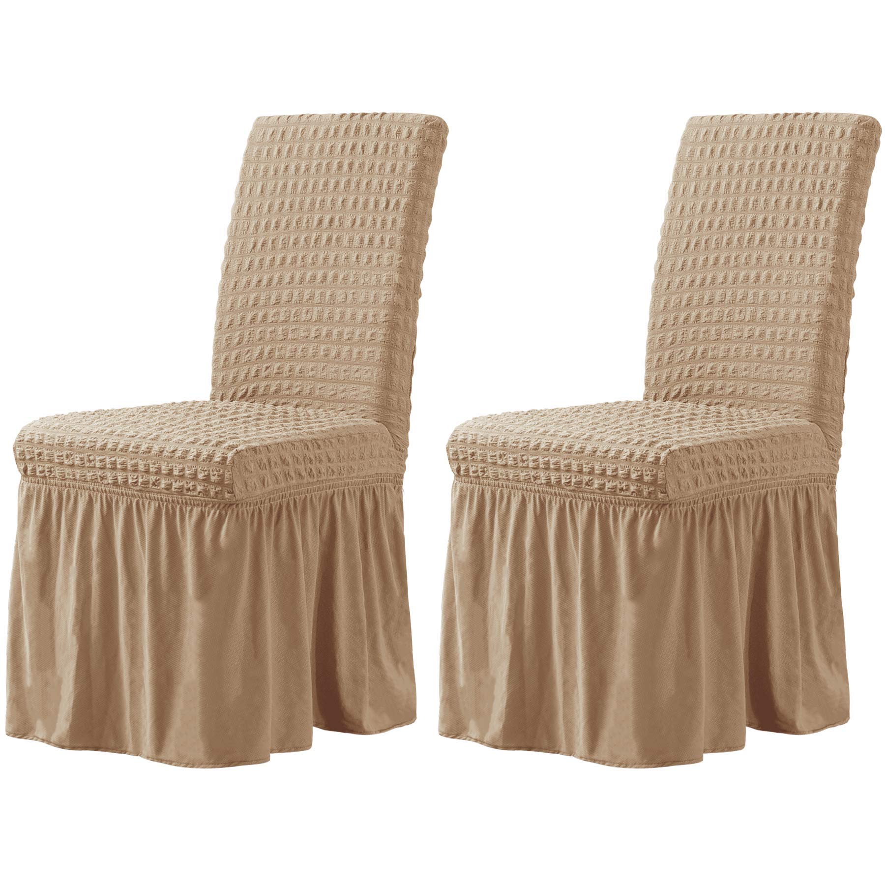 TOYABR 2PCS Stretch Dining Chair Covers with Skirt Spandex Dining Room Chair Cover, Washable Removable Furniture Protector for Home Ceremony Banquet Wedding Party (2PCS, Dark Khaki)