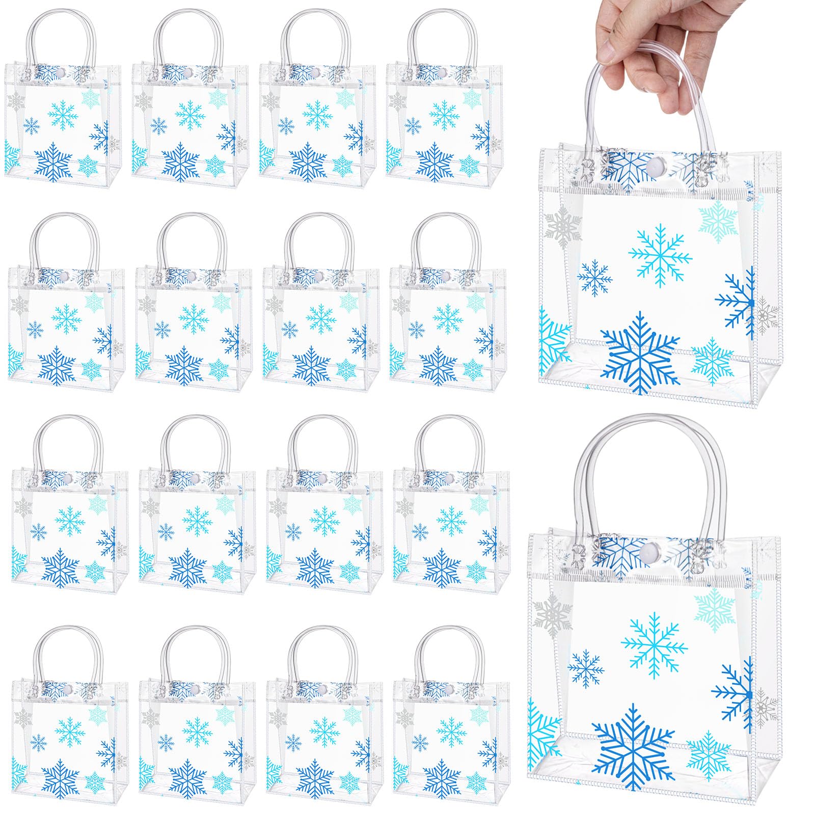 Photo 1 of Sweetude 50 Pieces Christmas Snowflake Clear Gift Bags Party Favor Bag with Handles Gift Bags Plastic Winter Wine Gift Tote Bags for Birthday Wedding Party Supplies(Blue,6.3 x 5.91 x 3.15 Inches)