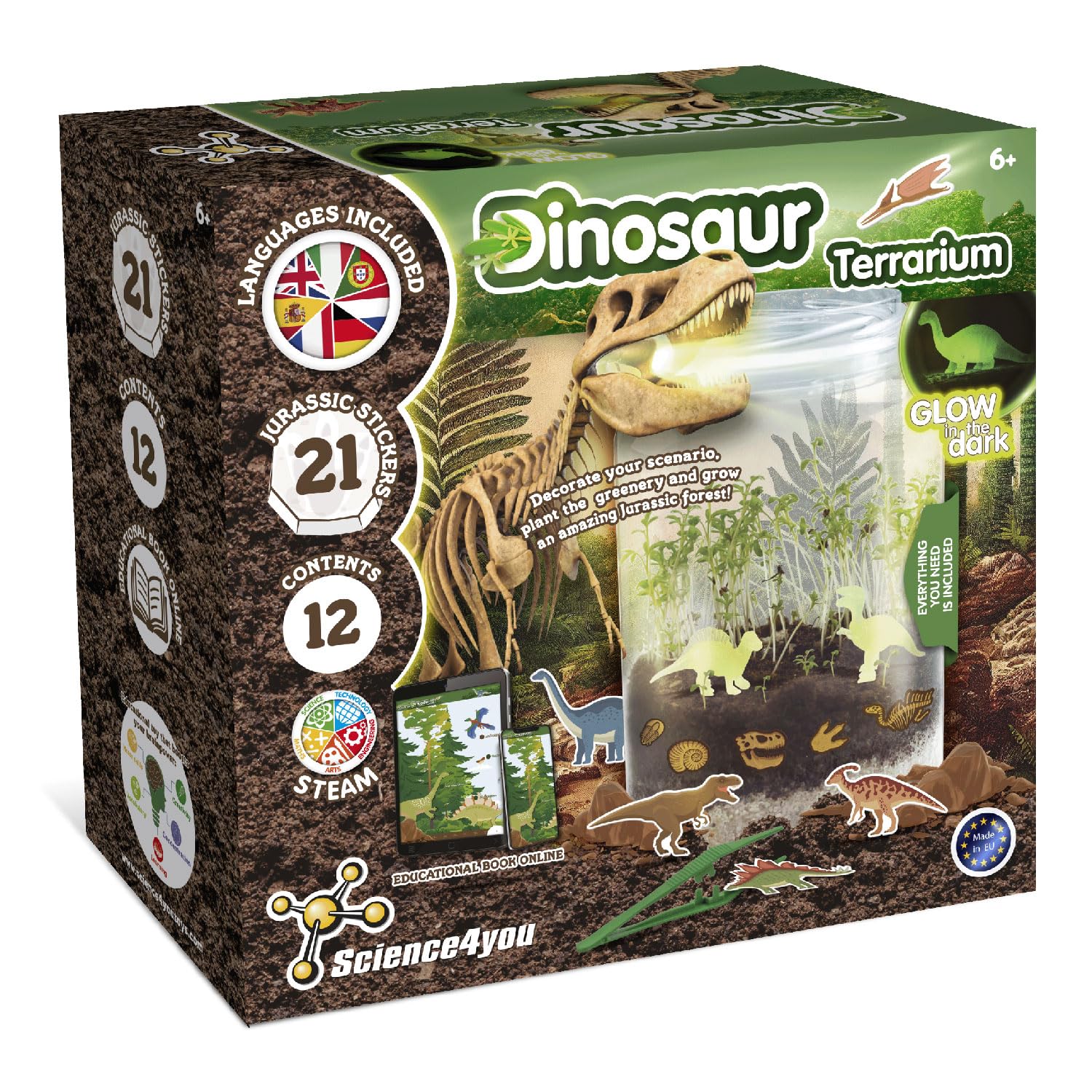 Science4you Dinosaur Terrarium Kit - Make Your Own Terrarium, Glow in the Dark Dinosaurs for Kids, 21 Jurassic Stickers, Toys and Games for Kids 6+ year olds, Gifts for Boys and Girls 6+ year olds