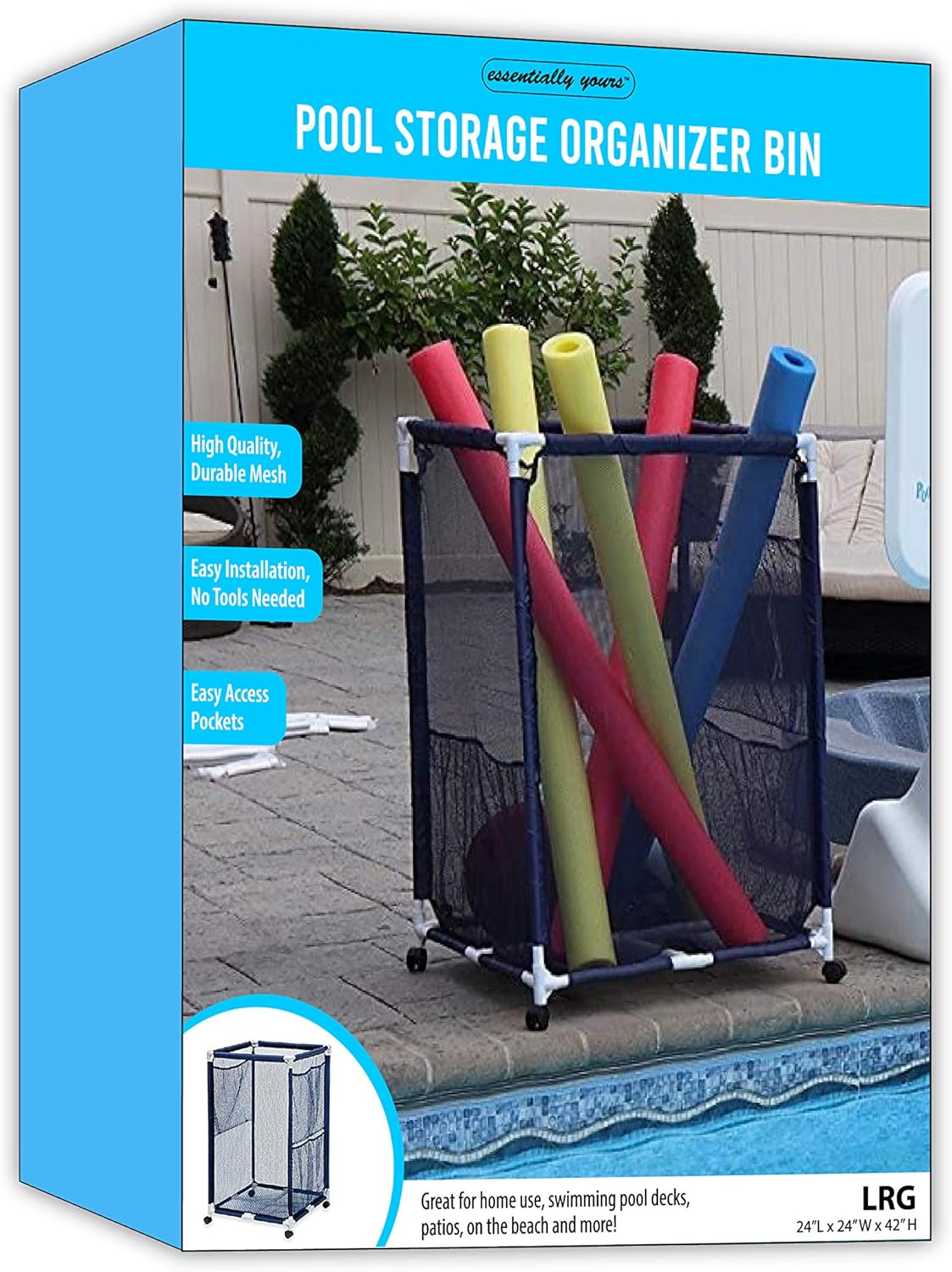 Essentially Yours Rolling Pool Storage Organizer Bin, Large, 24"x 24"x 42", Blue Mesh/White PVC : Garden & Outdoor