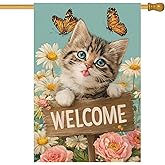 BlissYard Kitten House Flag 28 x 40 Inch Double Sided Spring Summer Garden Flag with Welcome Sign Butterflies and Daisies for Porch Yard Outdoor Decor