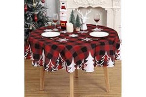 Round-60in Red & Black Plaid Christmas Tablecloth - Waterproof Xmas Table Cover for Indoor Dining Room Decoration