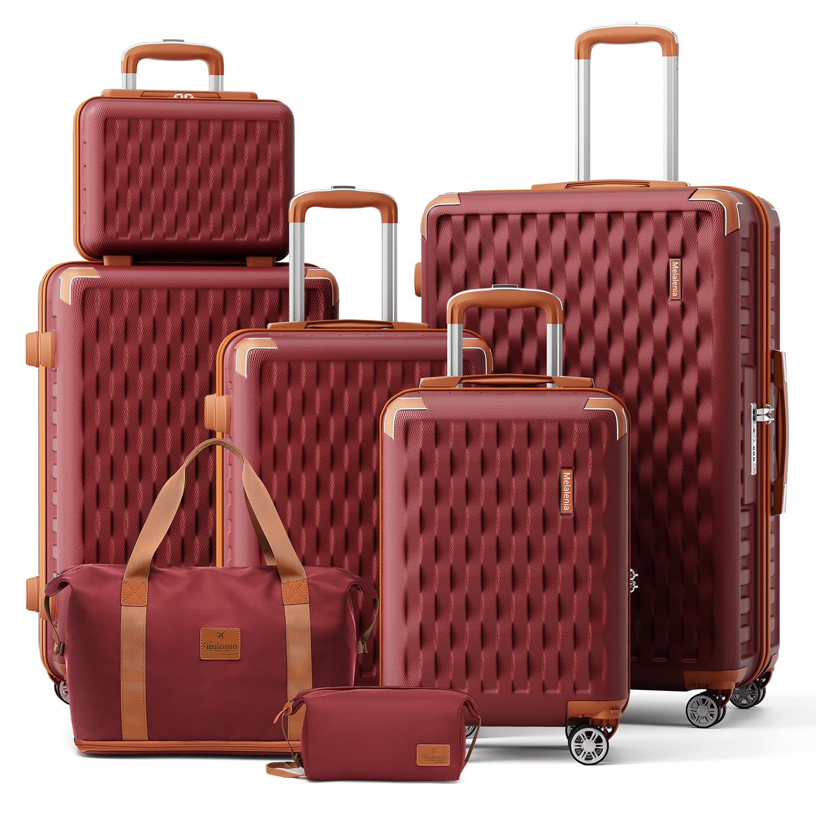 Melalenia Luggage Sets 7 Piece Hard Shell Carry on Suitcase with Spinner Wheels and TSA Lock, Lightweight Travel Duffel Bag for Women, Men, Red Brown