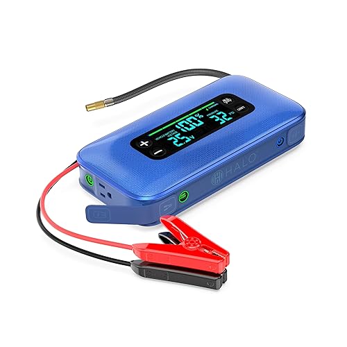 HALO Bolt Ultimate 3 Portable Car Battery Jump Starter | 130 PSI Air Compressor, 55.5Wh USB Power Bank, Large Display, Emergency Floodlight & Charger, Jumps Cars SUVs & Trucks, Inflates Tires — Cobalt