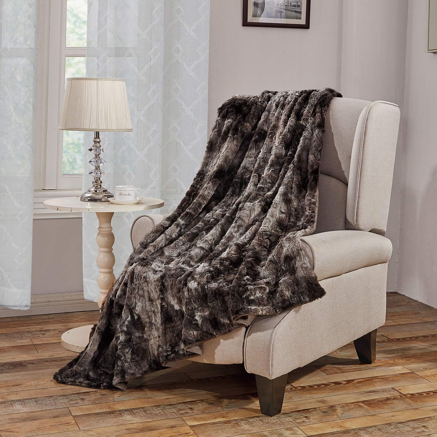 Faux Fur Bed Blanket Soft Cozy Warm Fluffy Variation Print Minky Fleece Throw Blanket, Grey, 50"×60"
