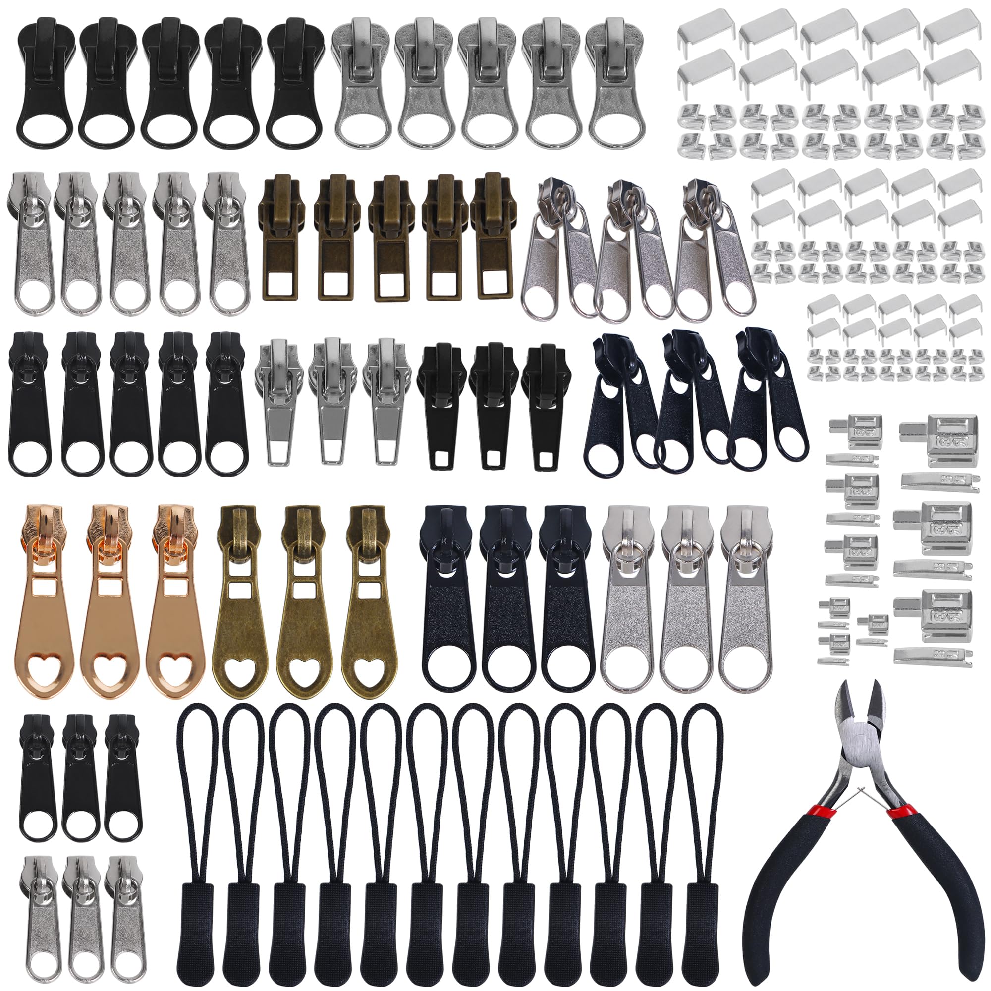 Photo 1 of 210Pcs Zipper Repair Kit Replacement Sliders Zip Bottom/Top Stop Latch Slider Retainer Insertion Pins Nylon Zipper Pulls Install Pliers Tool for Clothing Jackets Luggage Bags and Outdoor Gear
