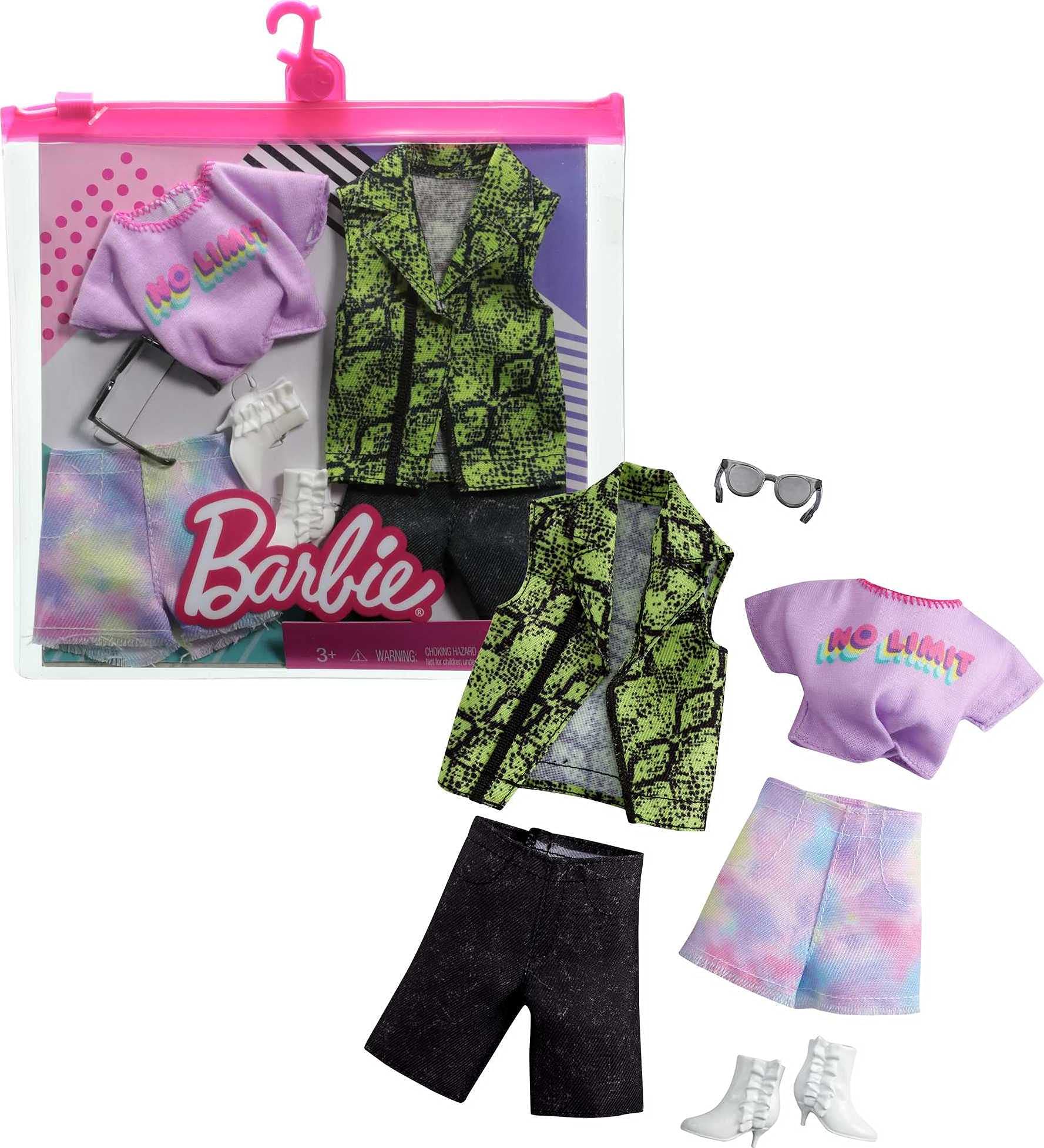 Mattel - Barbie and Ken Fashion 2-Pack, Purple No Limit Shirt, Tie Die Shorts and Green & Black Vest and Jean Shorts