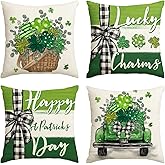 AVOIN colorlife Happy St Patricks Day Lucky Charm Clovers Basket Throw Pillow Covers, 18 x 18 Inch Car Buffalo Plaid Bow Tie Shamrock Decoration for Sofa Couch Set of 4