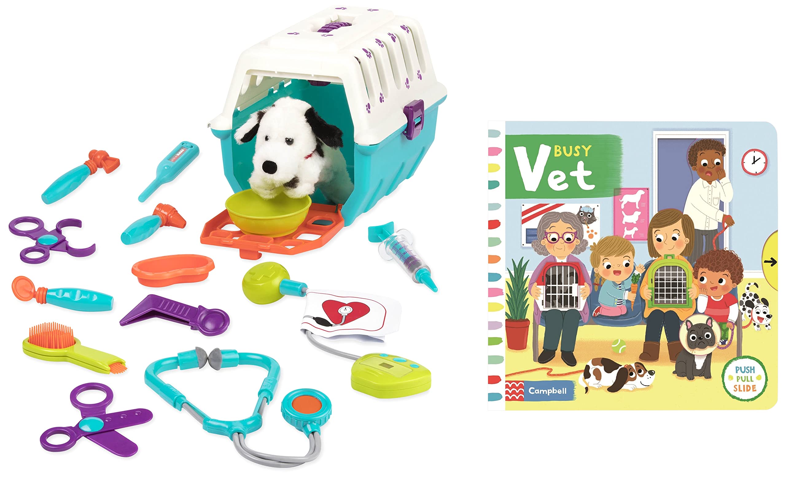 Battat - Dalmatian Vet Kit - Toy Clinic With Cage, Plush, and Tools for Kids 2 Years + (15 Pieces) & Busy Vet (Busy Books)