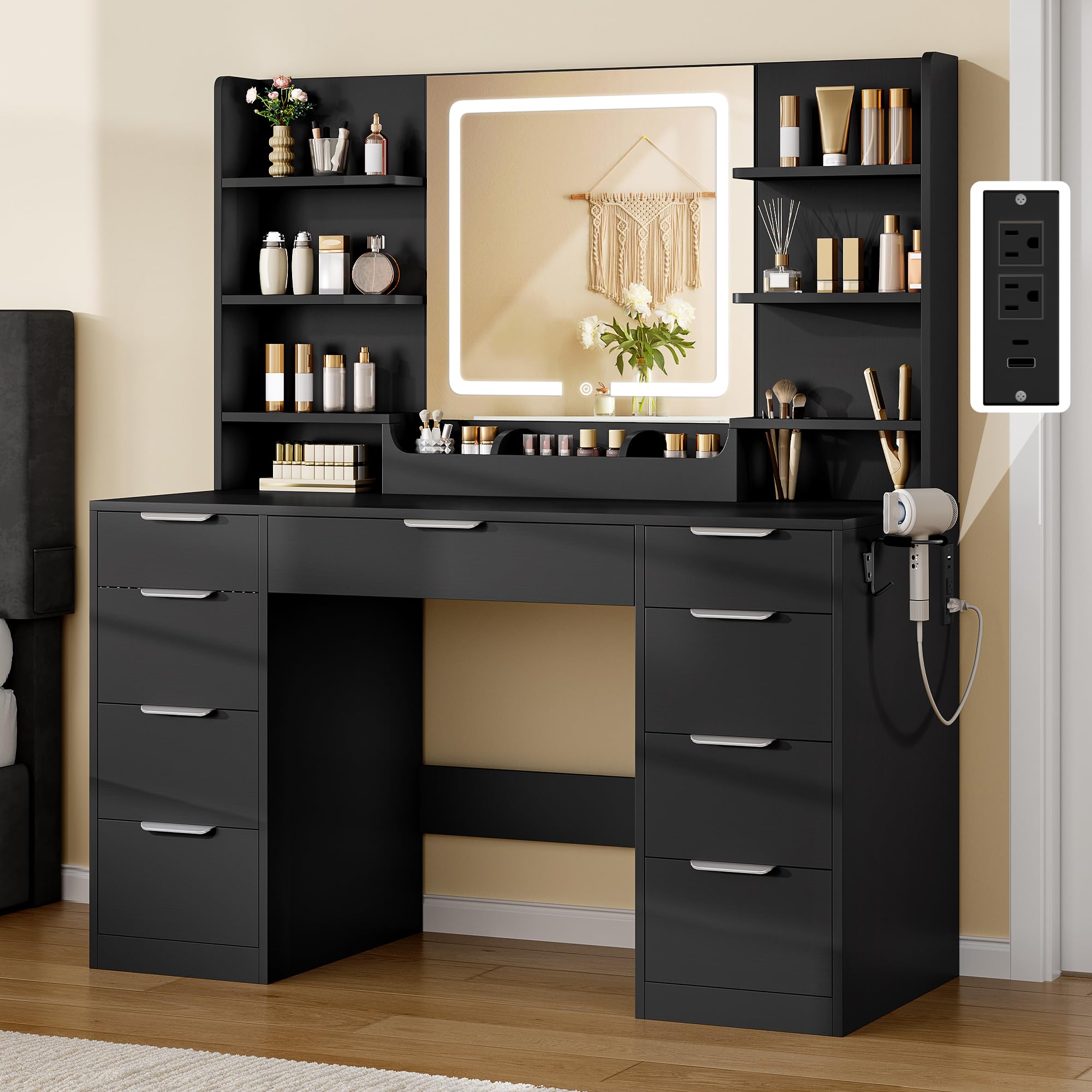 Photo 1 of YITAHOME Large Vanity Desk with Mirror, LED Lights and Power Outlets, Big Makeup Table with 9 Drawers, 5 Storage Shelves & 2 Cosmetic Brush Holes, Dressing Table for Bedroom, Black Vanity Set