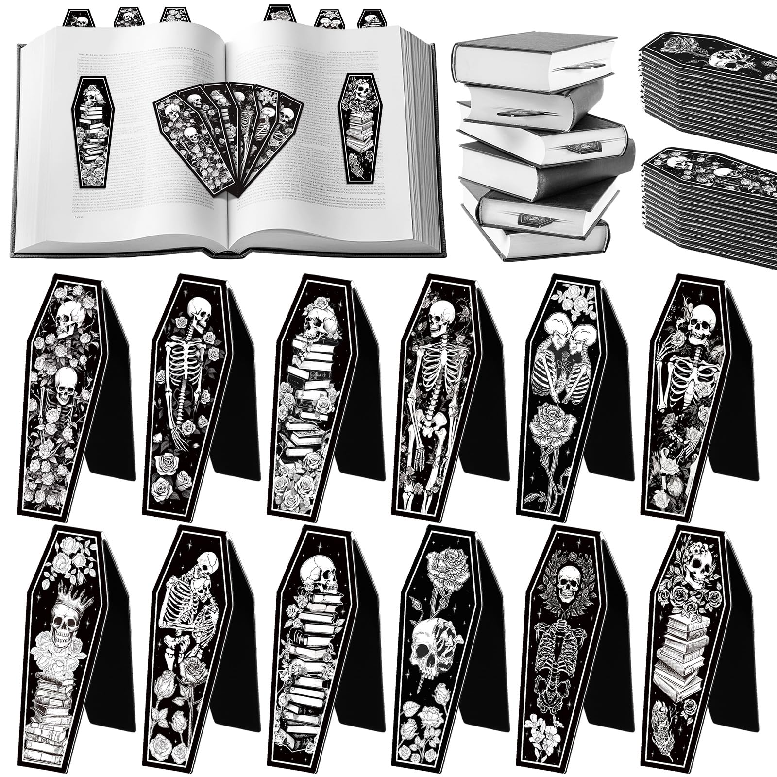 Clabby 48 Pcs 12 Style Mini Size Gothic Skeleton Coffin Magnet Bookmarks with Magnet Halloween Gothic Book Marker for Book Lovers Bookworm Bookish