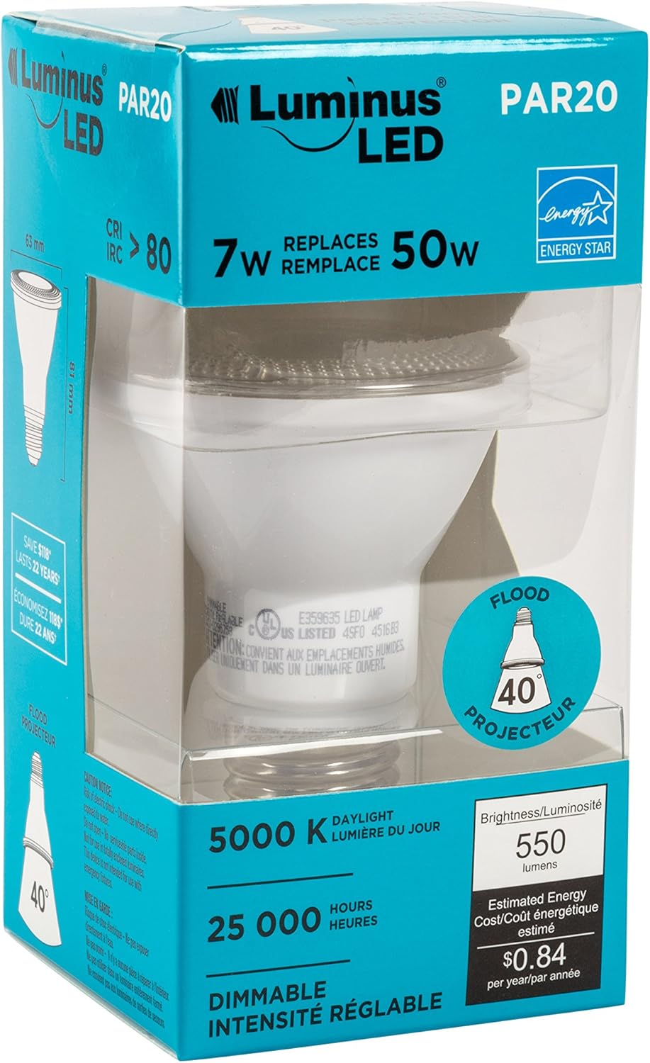 Luminus PLYC3225 Par20 Flood 7W (50W) 550 Lumens Daylight 5000K