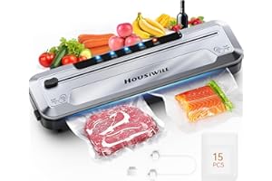 Housiwill Vacuum Sealer, Automatic Food Vacuum Sealer, Vacuum Sealer for Food with 6 Mode, for Dry/Moist Mode and Food Storage, Vacuum Food Saver, Starter Kit with 15 Seal Bags & Air Suction Hose