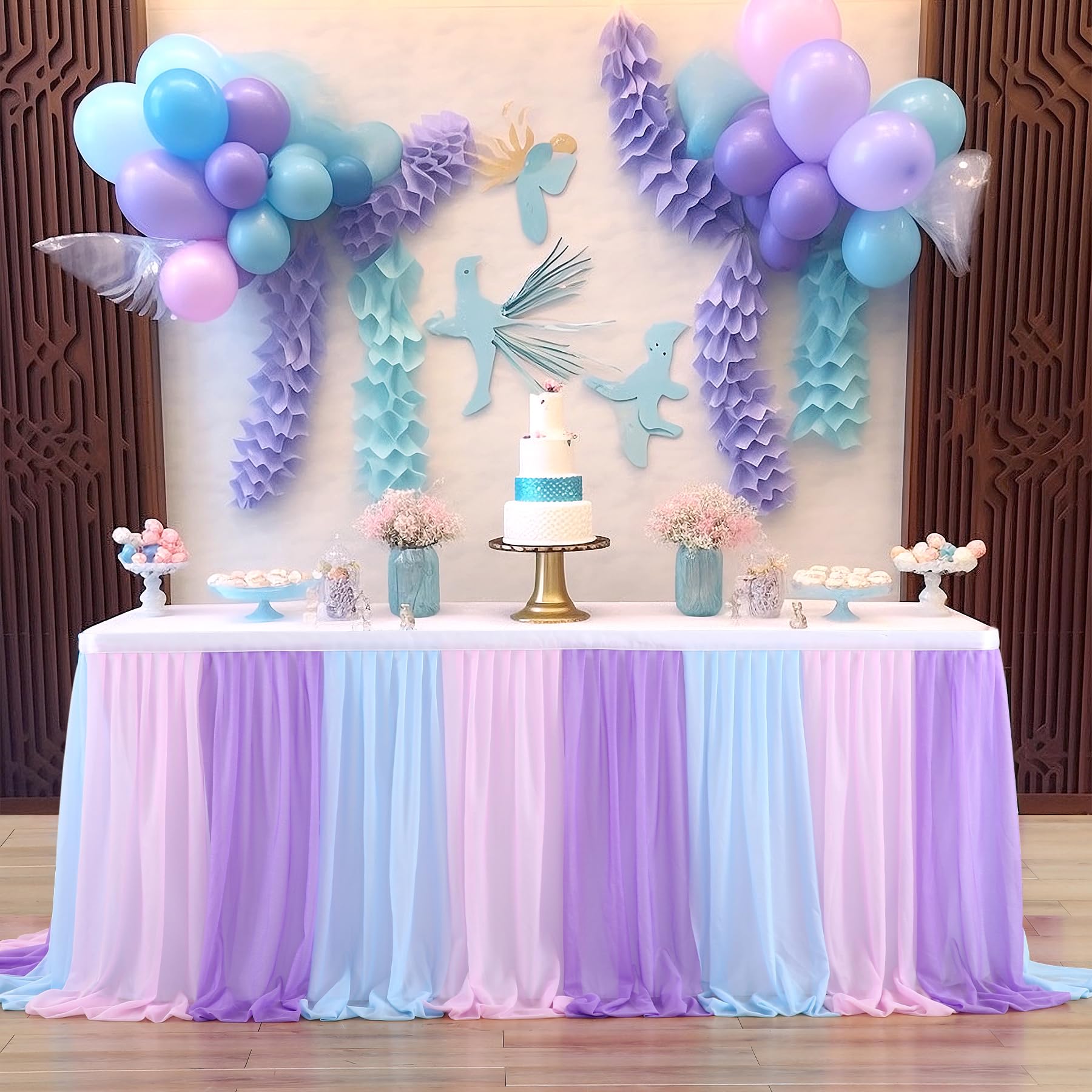 9ft Pink Blue Purple Tulle Table Skirts for Mermaid Baby Shower Birthday Party Wedding Pastel Tutu Table Cloth Cover for Rectangle Tables or Round Tables for Unicorn Cake Dessert Table Decorations Image