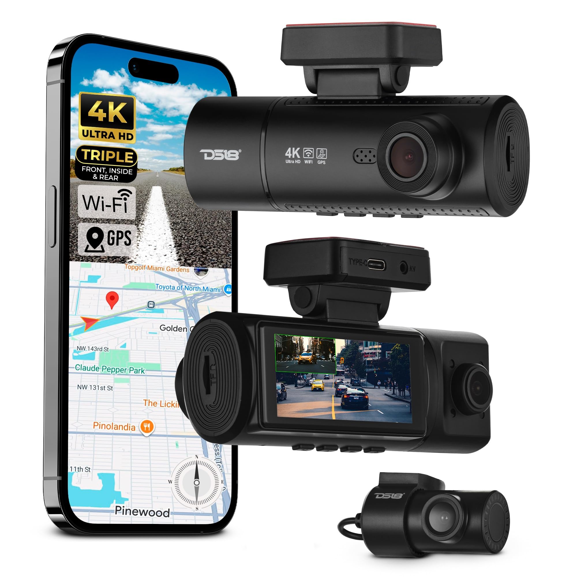 DS18 Eagle-F3 4K Dash Cam Triple Front Cabin and Rear, WiFi GPS Dash Cam with Night Vision, 24/7 Parking Mode, G-Sensor, Loop Recording, Includes 64GB microSD Card