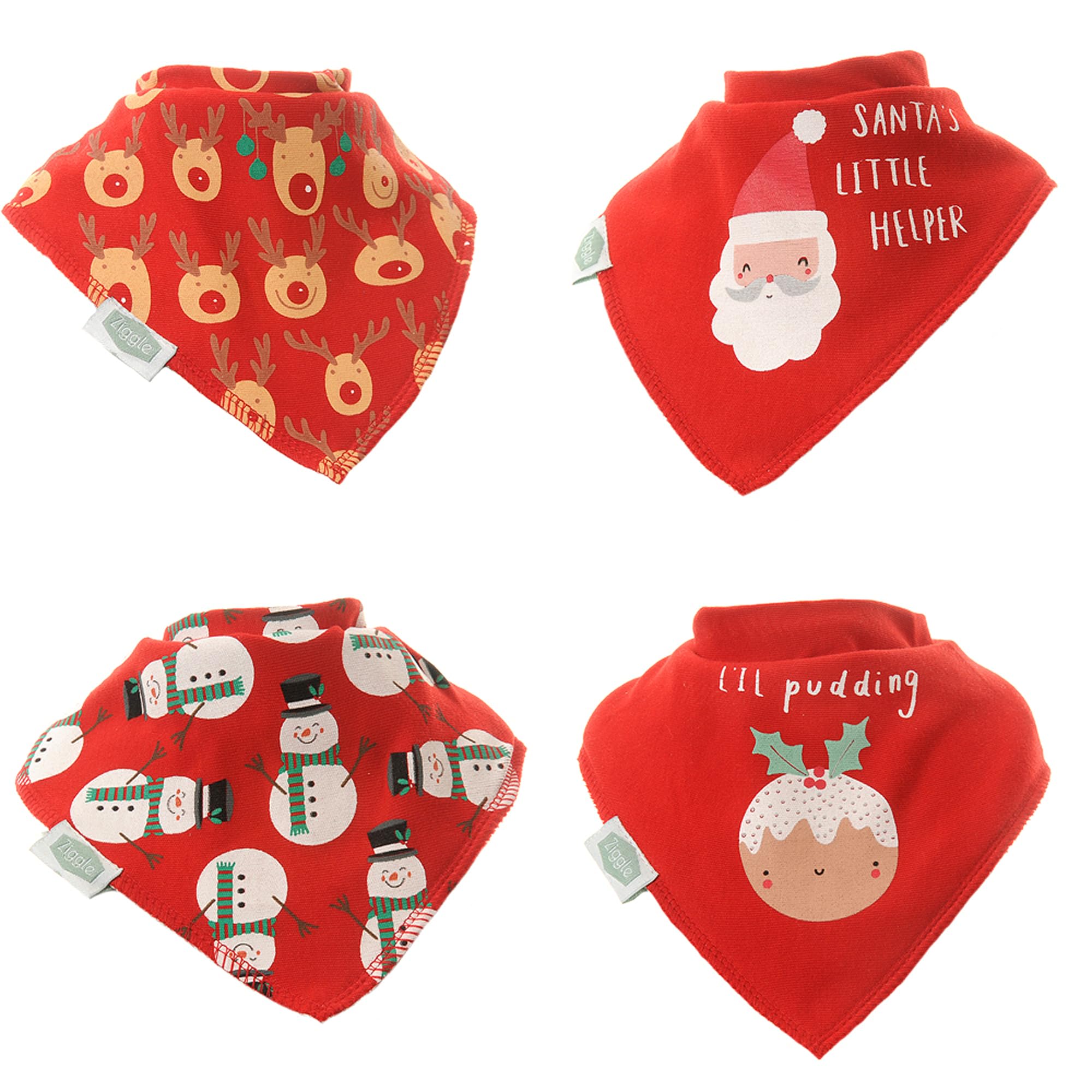 Ziggle Baby Bandana Dribble Bibs, Super Absorbent, Fits Newborn to Toddler, Award Winning, 4 Pack (Christmas Reds)