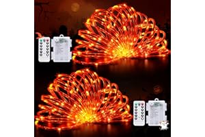 POTIVE Potive2 Pack Orange Battery Operated Lights Outdoor Waterproof, Total 66 ft 200 LED Battery Halloween Rope Lights, Orange Rope Lights Outdoor for Balcony Garden Halloween Decor