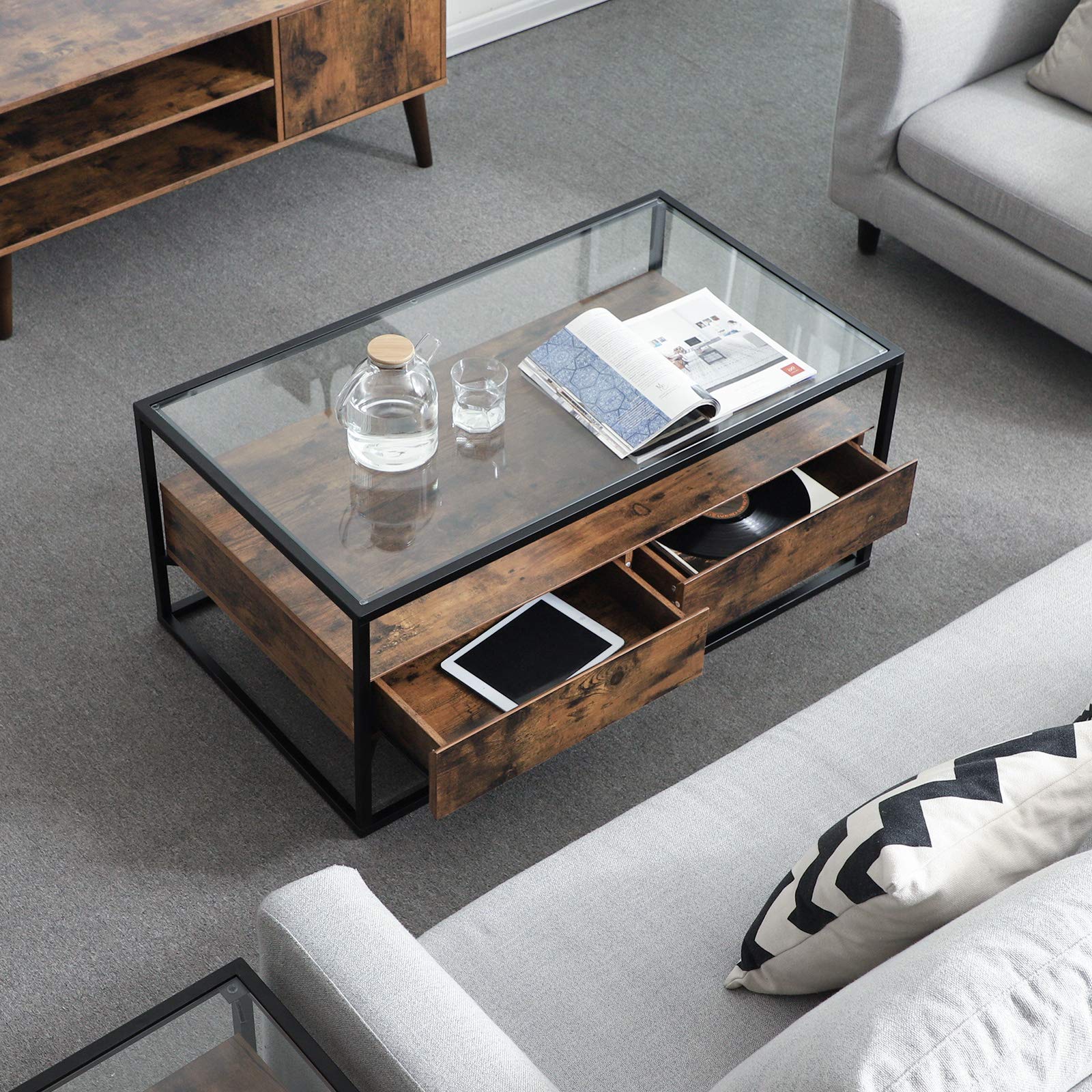VASAGLE Industrial Coffee Table, Tempered Glass Top with 2 Drawers and