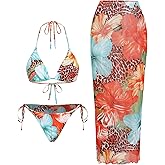 ZAFUL Womens 3pcs Swimsuit Floral Halter Triangle Bikini Top Tie Side Bottom with Long Sheer Cover Up Skirt