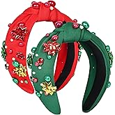 Aosyax Headbands Women Pearl Rhinestone Knotted Hairband Elegant Red Green Holiday Hair Accessories Party Gifts,Red Green Color 2pcs