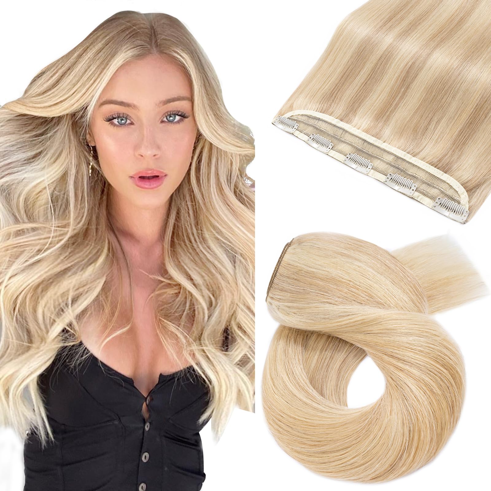 Silk-co One Piece Clip on Hair Extensions Seamless Clip in Hair Extensions Human Hair Highlighted 3/4 Half Head Real Remy Hair Extension (24"-60g, #18P613 Ash Blonde&Bleach Blonde)-Basic Thickness — image 1