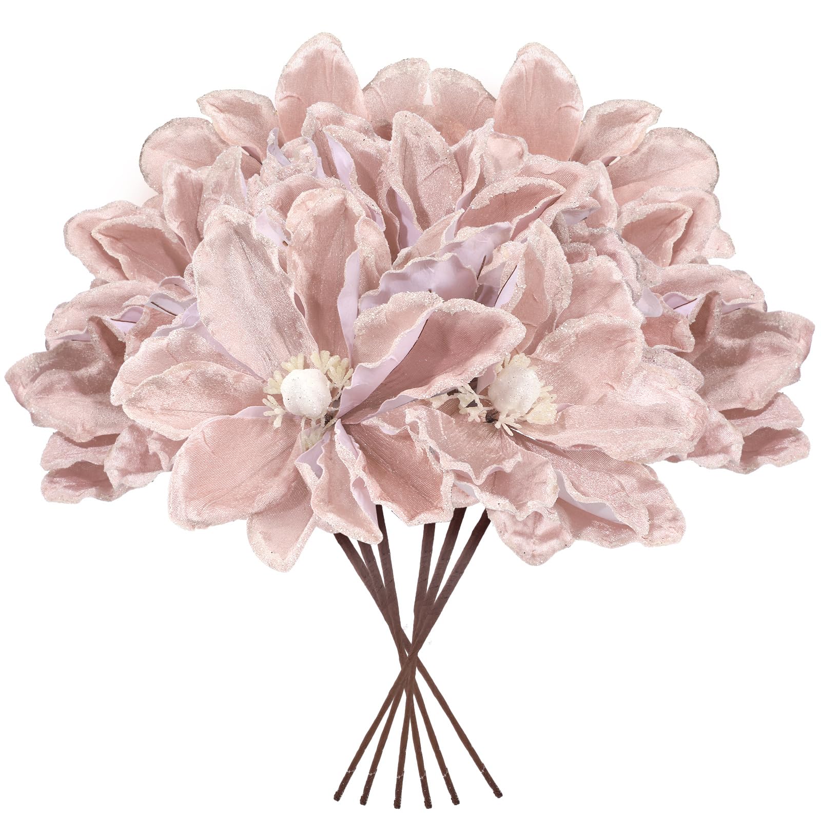 Photo 1 of Thiccywoov 8 Pcs Large Christmas Flower Magnolia Flowers Christmas Tree Decoration Artificial Poinsettia Stems Velvet Xmas Ornaments for Xmas Tree Table Decor(Pink,12 Inch)