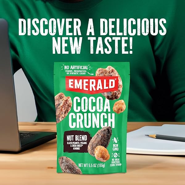 EMERALD NUTS CHOCOLATE PEANUT CRUNCH MIXED NUTS (1-PACK) | FEATURES COCOA ROASTED ALMONDS, KETTLE GLAZED PECANS, KETTLE GLAZED PEANUTS | 5.5 OZ RESEALABLE BAG | KOSHER DAIRY CERTIFIED, NON-GMO, CONTAINS NO ARTIFICIAL PRESERVATIVES, FLAVORS OR SYNTHETIC COLORS