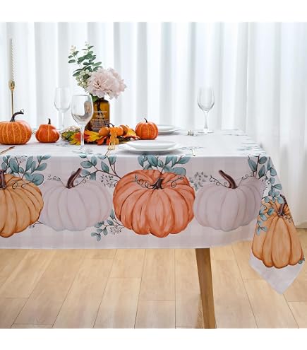 Sundonix Thanksgiving Fall Tablecloth - 60x84 Inch Orange Pumpkin Buffalo Plaid Polyester, Waterproof
