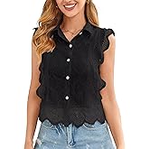 Falechay Tank Top for Women Button Down Summer Casual Tops Collared Sleeveless Shirts Babydoll Eyelet Ruffle Blouse