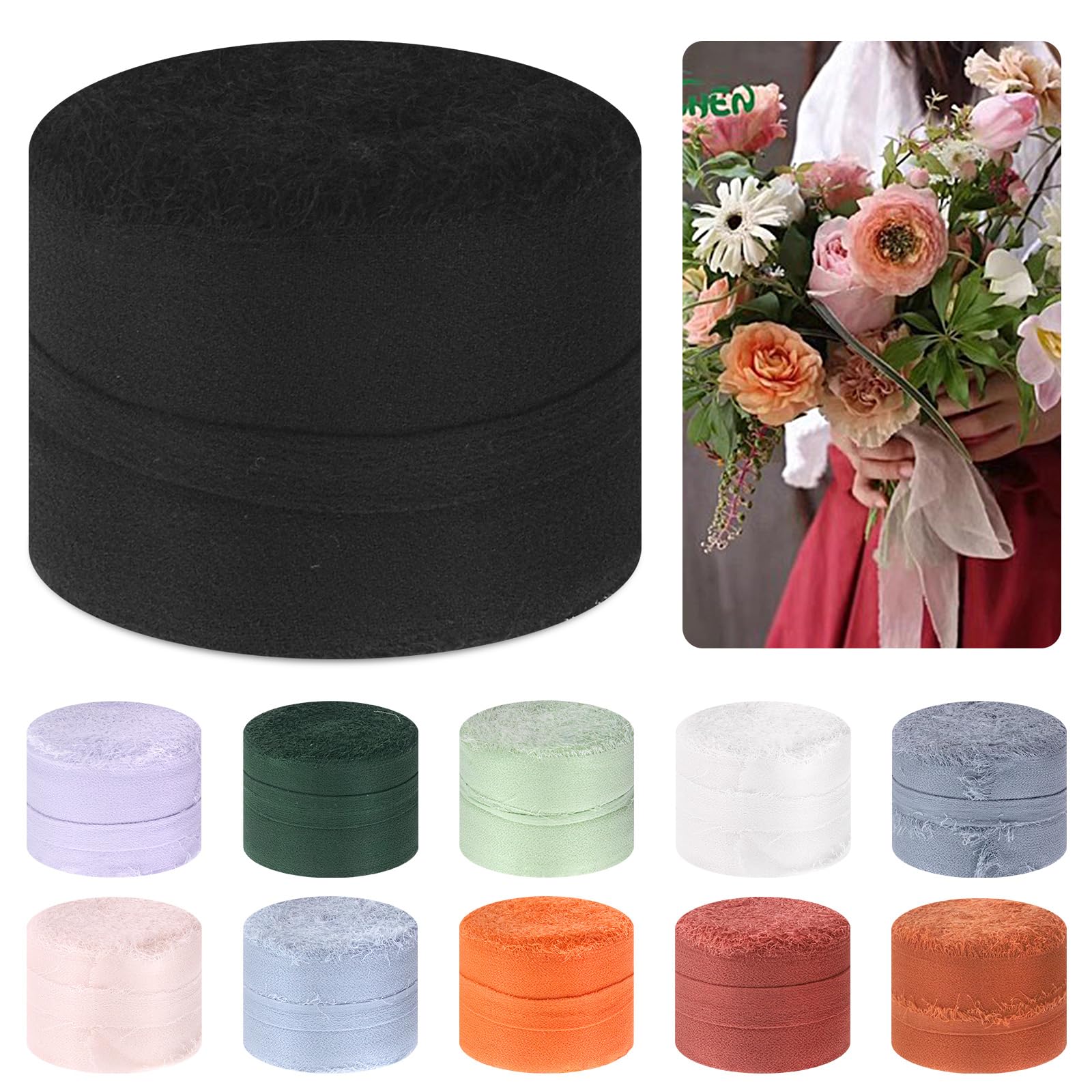 Mardatt 1 Roll 1.5" x 11 Yard Chiffon Ribbon Handmade Fringe Chiffon Silk Ribbon Fabric Ribbon for DIY Craft Wedding Invitations Bridal Bouquets(Black)