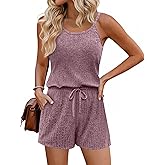 Ekouaer Rompers for Women Summer Casual 2026 Sleeveless Scoop Neck Ribbed Adjustable Shorts Jumpsuit with Pockets