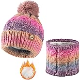 Bodvera Womens Winter Beanie Hat Scarf Set,Thermal Fleece Lined Women Beanie with Pom Warm Knitted Neck Scarf Cold Weather