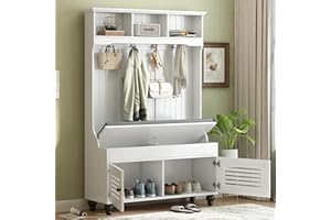 Amposei 69-Inch Tall Hall Tree 3-in-1 Entryway Storage Bench with Coat Rack, Seat Cushion and 2-Door Cabinet for Entrance Hallway Bedroom (White)