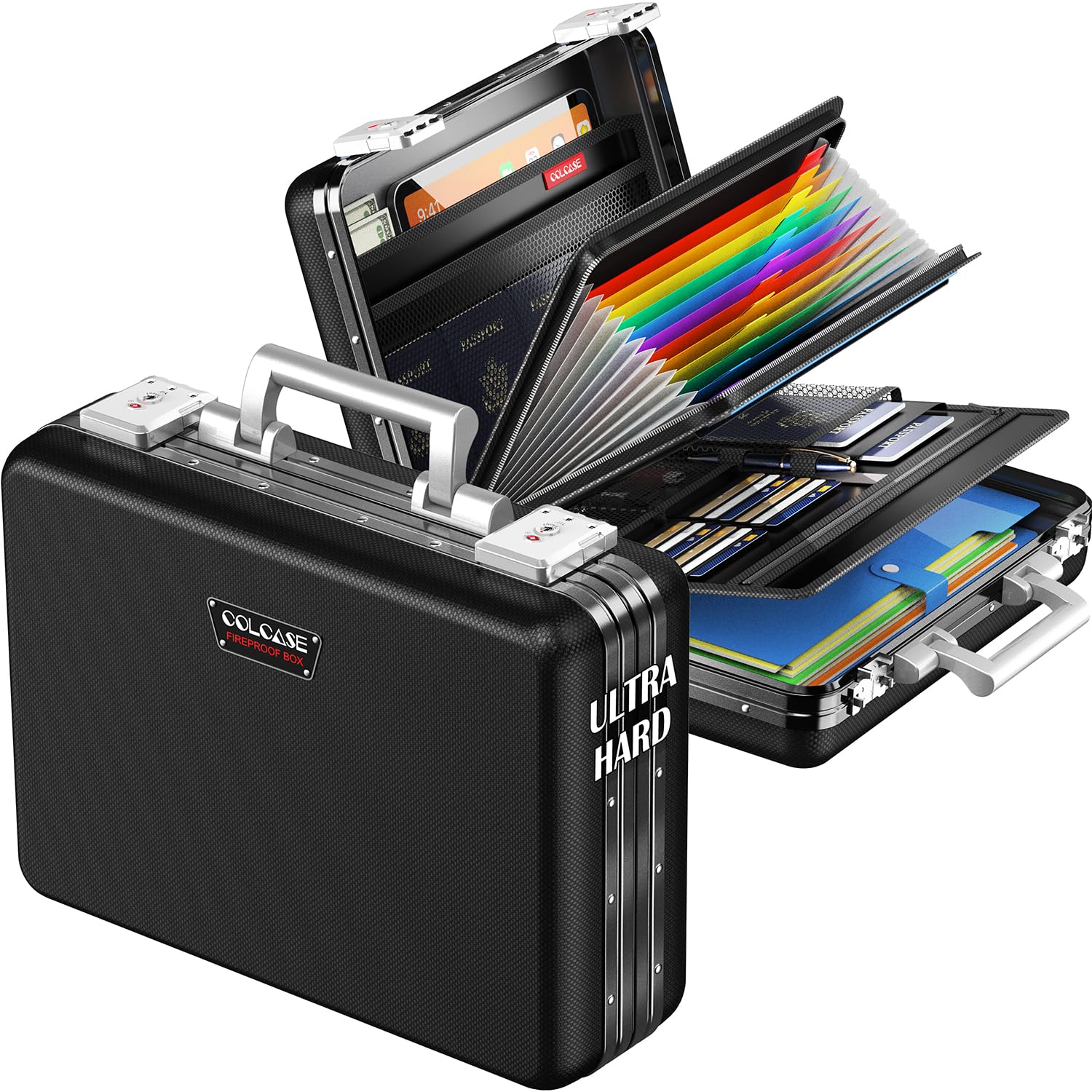 Photo 1 of COLCASE Fireproof Document Box, Ultra Hard Case All-Around Fireproof Box with TSA Lock Aluminum Frame Zipperless Hard-Shell Safe Box for Documents Valuables Passports Black