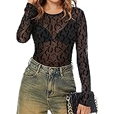 AKEWEI Womens Mesh Long Sleeve Tops Crew Neck Sexy See Through Tee Shirts Party Club Night Lace Blouse
