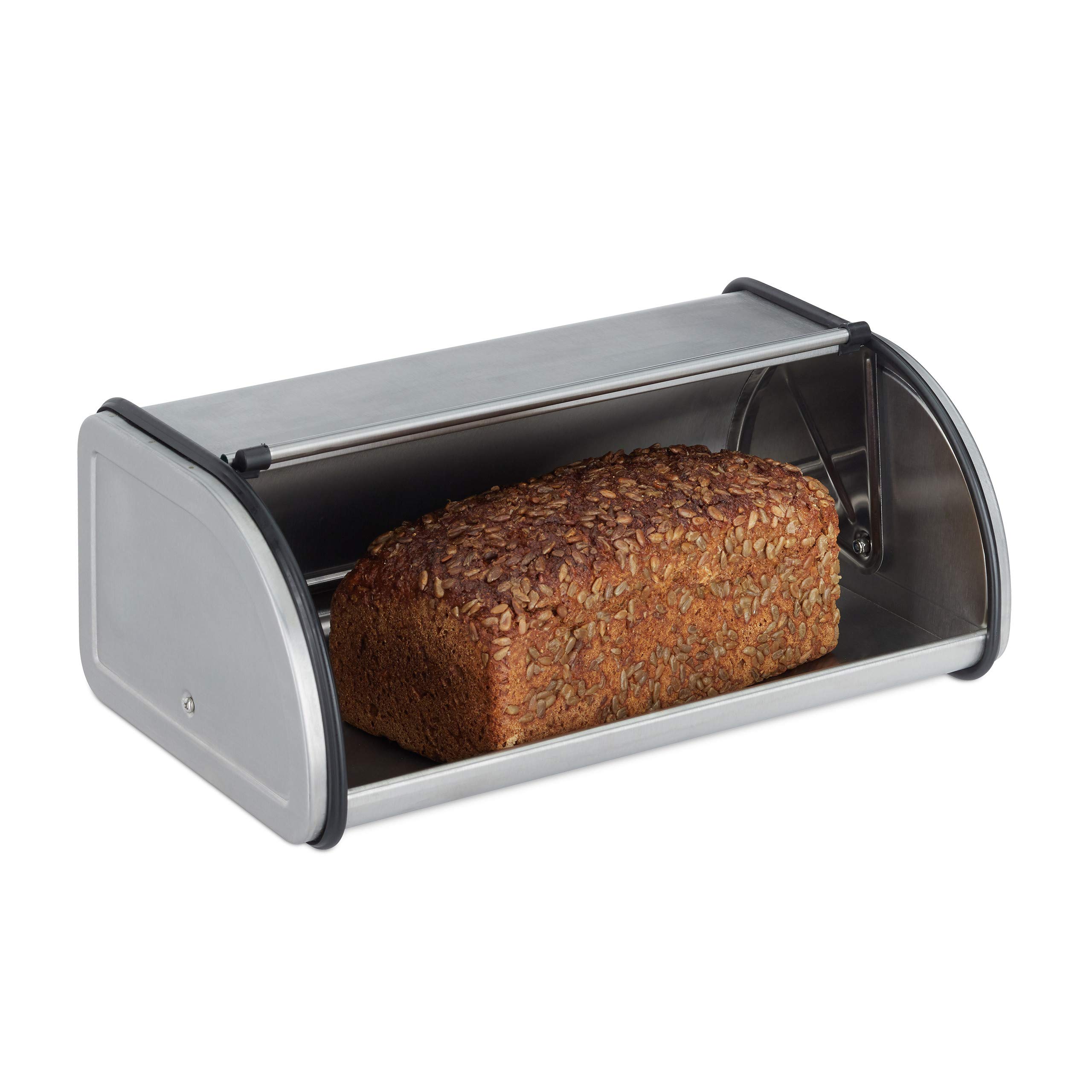 Relaxdays Stainless Steel Bread Bin, Small Bread Box, Keeps Bread Fresh, Flat and Compact, Easy to Clean, Silver